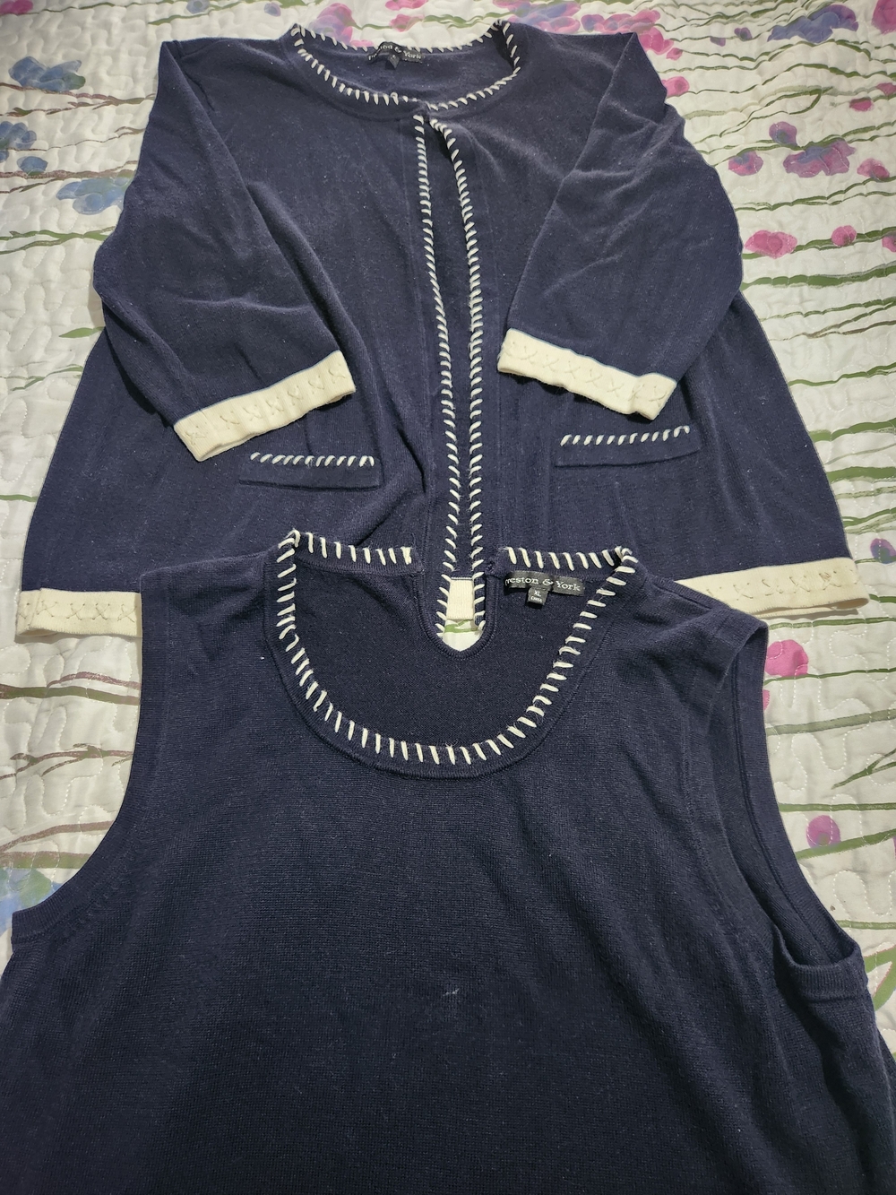 Preston & York Navy and Cream Sleeveless Sweater with Matching Cardigan
